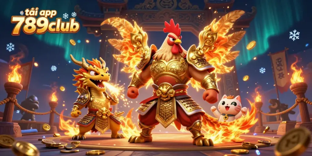 Engage in the excitement of tải app 789club with a dynamic scene of a rooster warrior, dragon hatchling, and fortune cat.