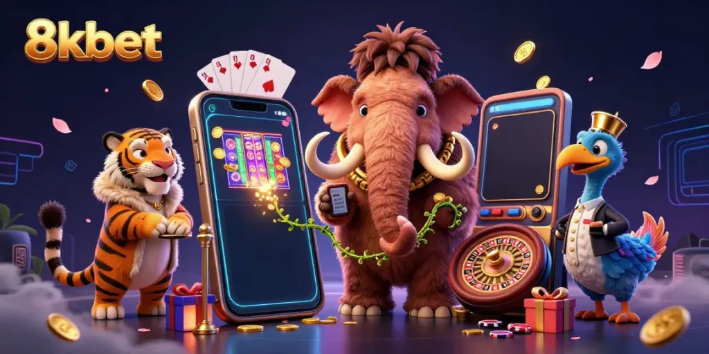 Engage with 8kbet's immersive casino experience featuring vibrant characters and slot games.