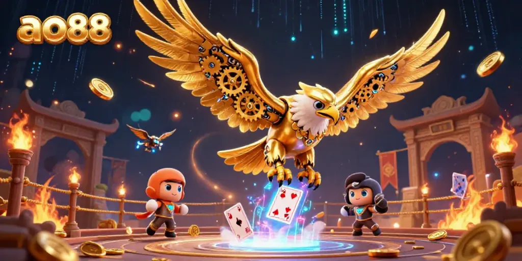 Engaging scene depicting the ao88 cybernetic eagle soaring through holographic cards amidst a vibrant casino backdrop.