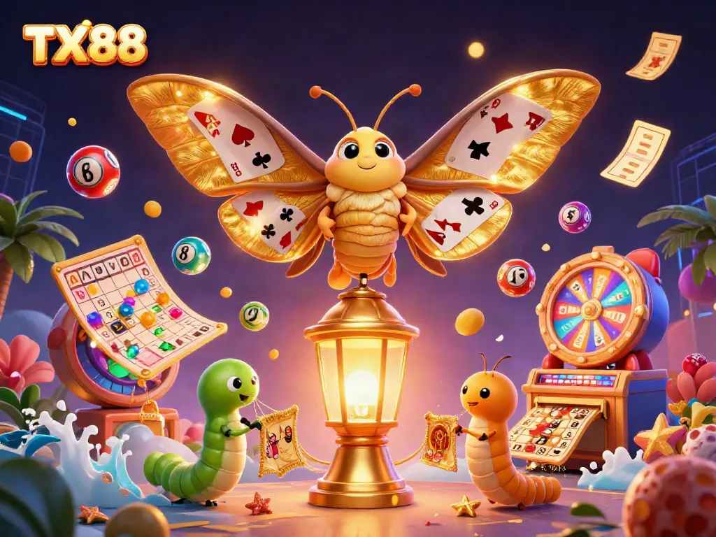 Engage in exciting gaming action with TX88 and magical lottery elements in a vibrant casino scene.