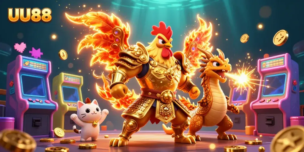 Experience thrilling gameplay with UU88, featuring a fierce rooster warrior in stunning visuals.