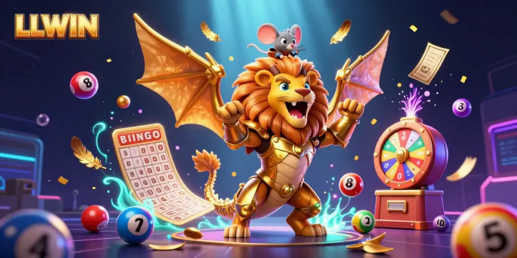 LLWIN showcases a vibrant 3D scene filled with lottery elements and a triumphant chimera creature, emphasizing online gambling excitement.