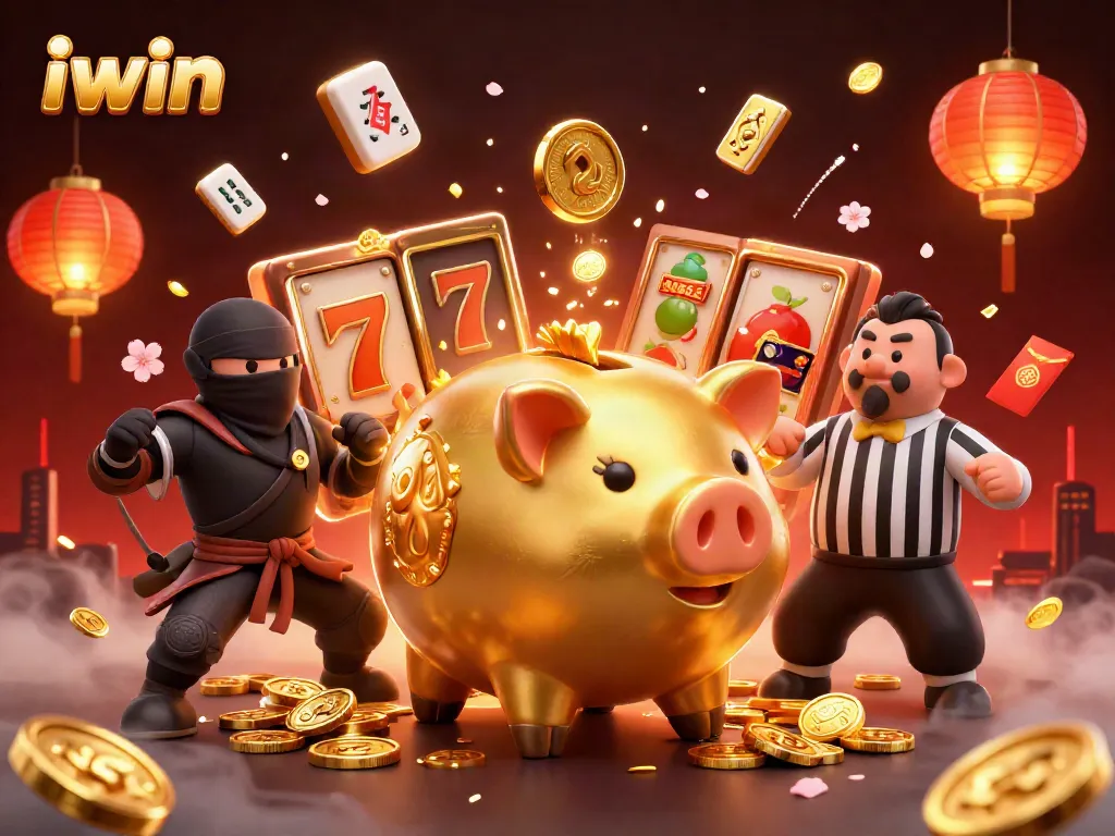 iwin showcases a lively casino scene with a golden piggy bank sumo wrestler surrounded by slot reels and vibrant characters.