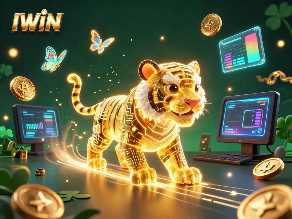 Experience the IWIN digital casino with a neon tiger amidst vibrant gaming elements.