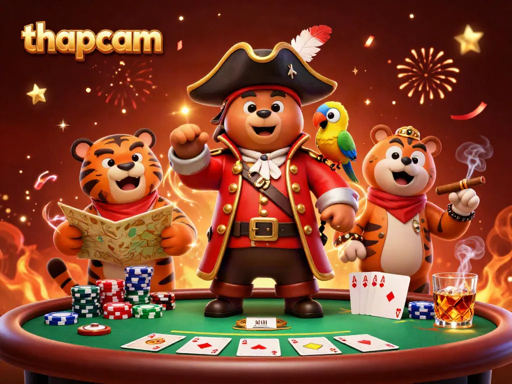 Experience thrilling gameplay with thapcam alongside lively pirate characters in a grand casino setting.