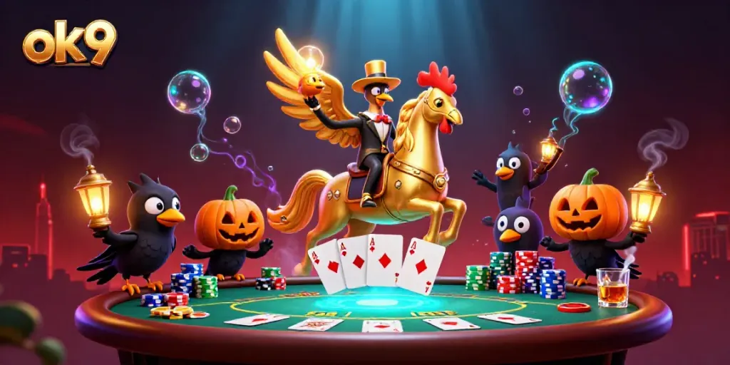 Experience thrilling casino action with ok9 in this vibrant 3D illustration of mystical characters and poker elements.