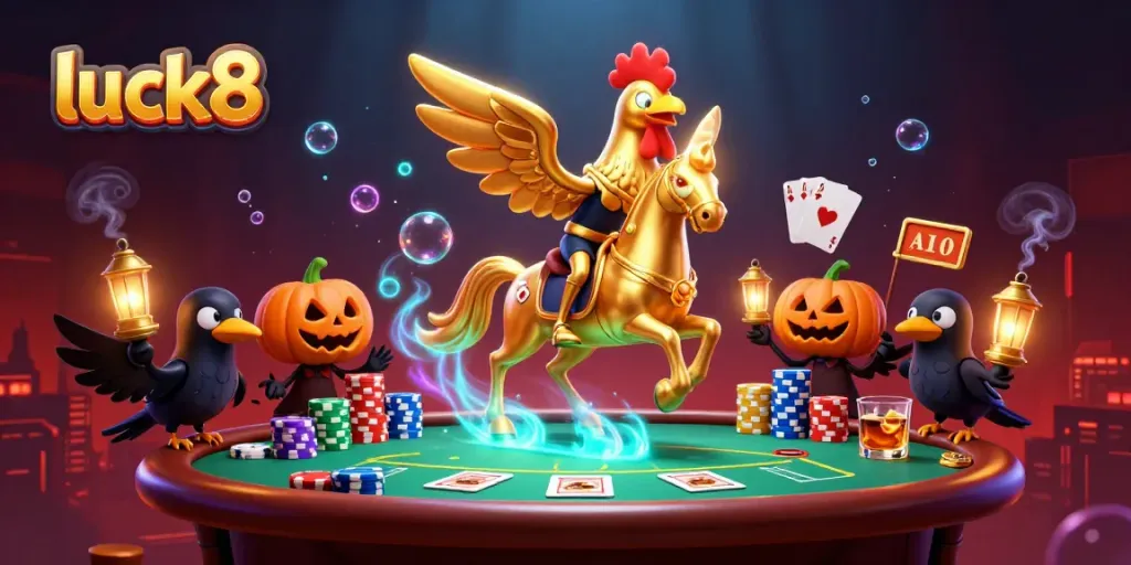 Experience luck8 in an animated casino scene with a golden rooster and eerie companions.