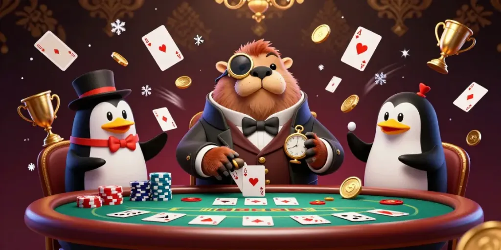 Join the action at Zowin tài xỉu with a jolly walrus, penguin dealer, and pufferfish player in an exciting casino scene.