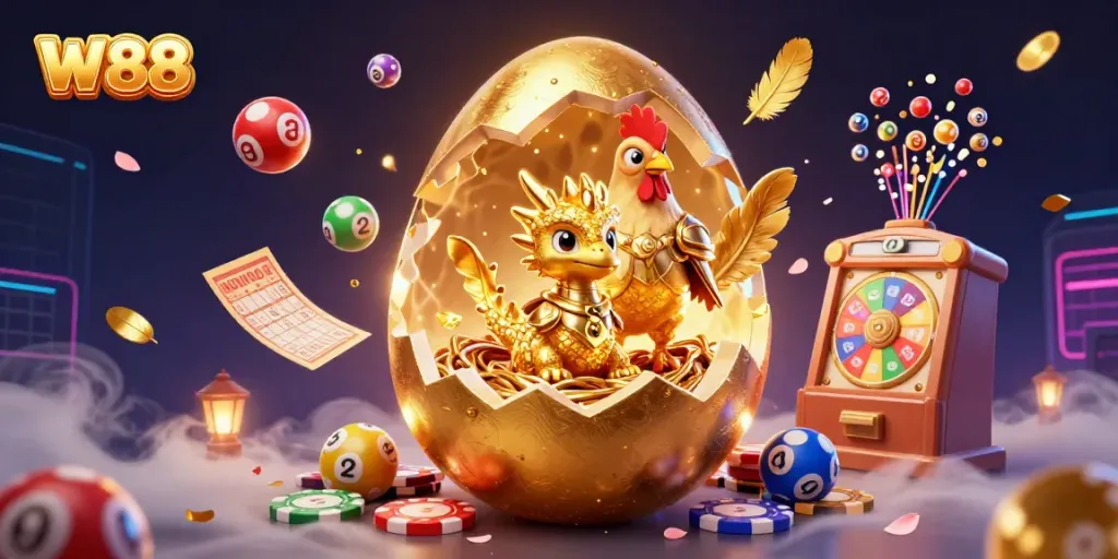 Experience exciting gaming with W88, featuring a golden dragon amidst colorful lottery elements.