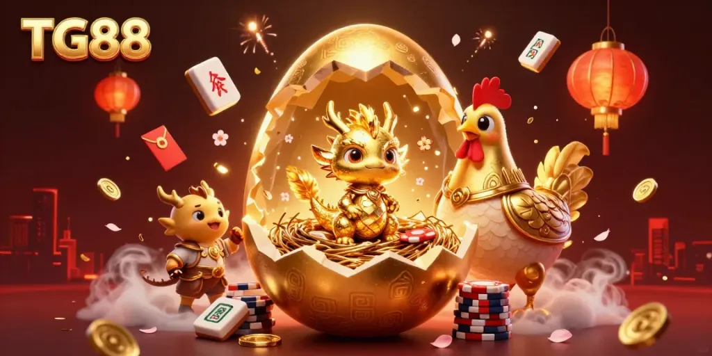 Experience the excitement of TG88 through a vibrant 3D illustration featuring a golden dragon and poker chips.