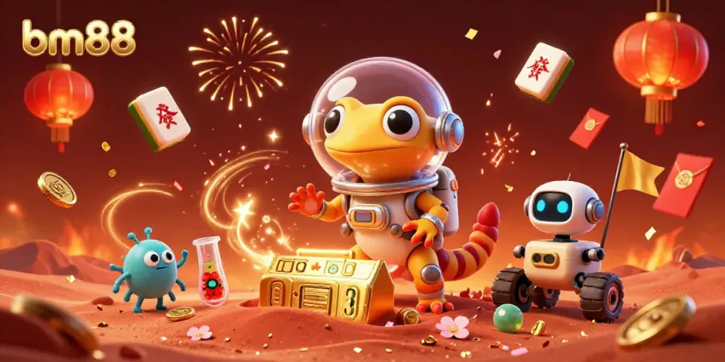 Experience the excitement of bm88 with a Martian gecko discovering a golden casino amidst festive elements.