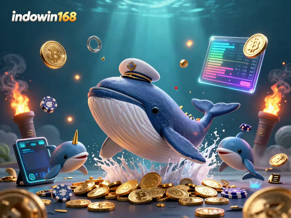 Menangkan permainan di indowin168 dengan ilustrasi 3D ikan paus dan koin emas.