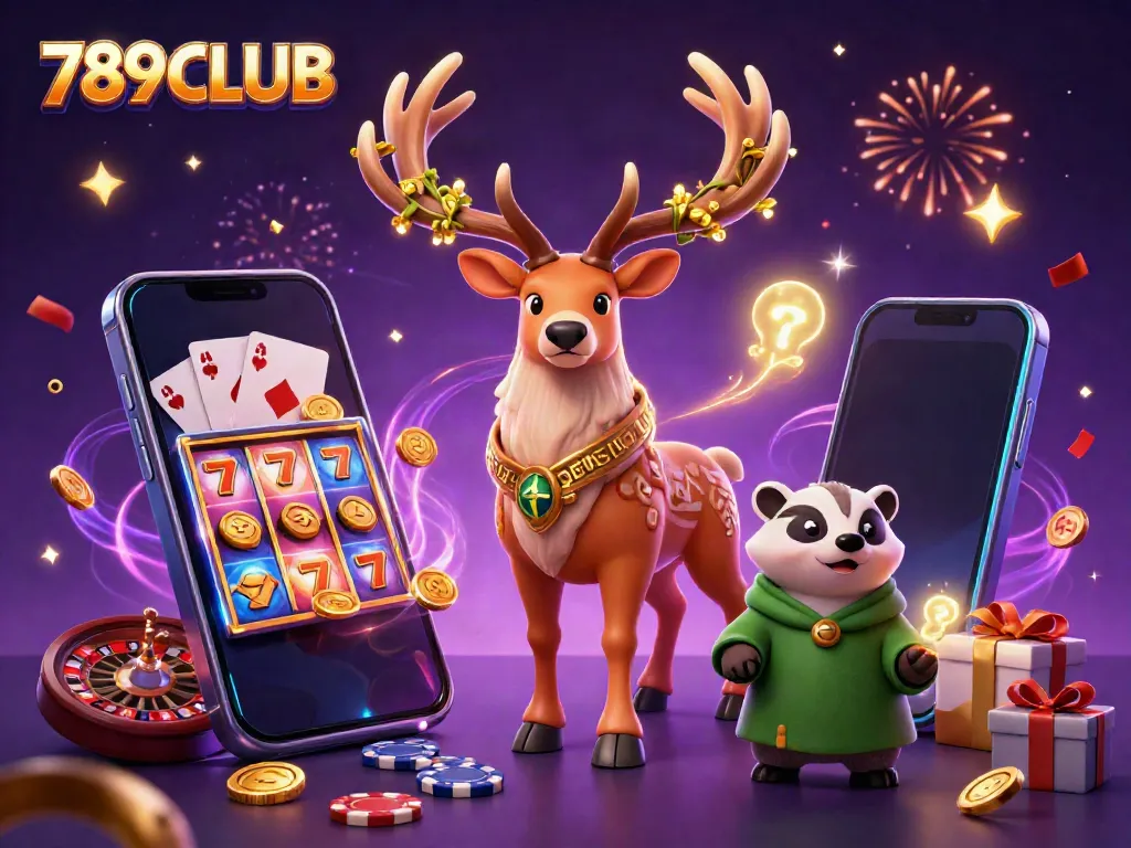 Experience excitement at 789CLUB with a vibrant casino scene featuring slot games and mystical characters.