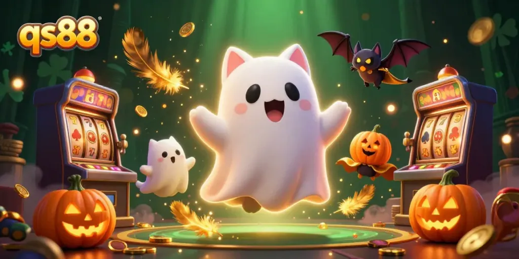 Engage with qs88's thrilling haunted casino as the ghost cat navigates slot machines and spooky elements.