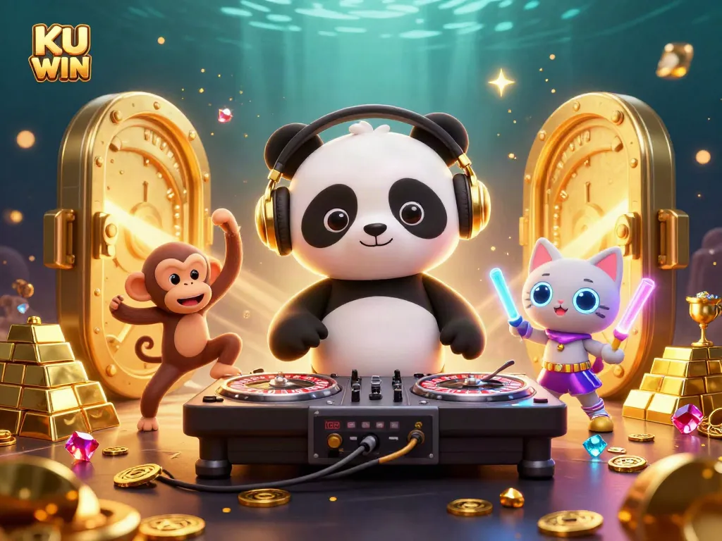 Join the excitement at KU WIN with a vibrant 3D casino scene featuring a DJ panda and glowing jewels.