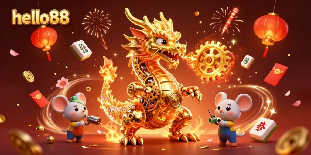 Experience the excitement at hello88 with a golden dragon breathing gears in a vibrant casino scene.