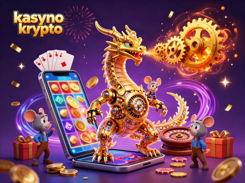 Experience kasyno krypto excitement with a golden dragon, gaming elements, and vibrant visuals.