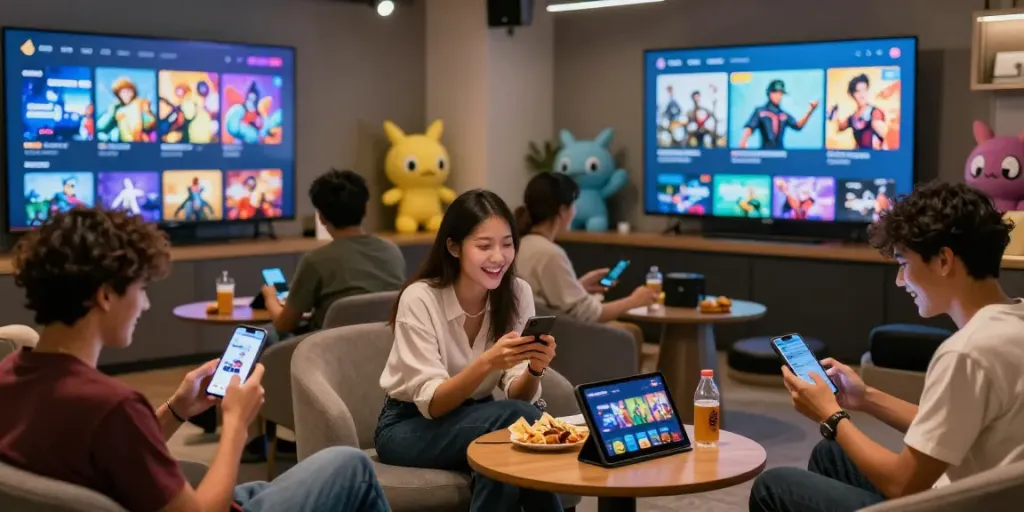 Engaging digital entertainment scene with users enjoying harta88 platform activities and mobile devices in a vibrant lounge.