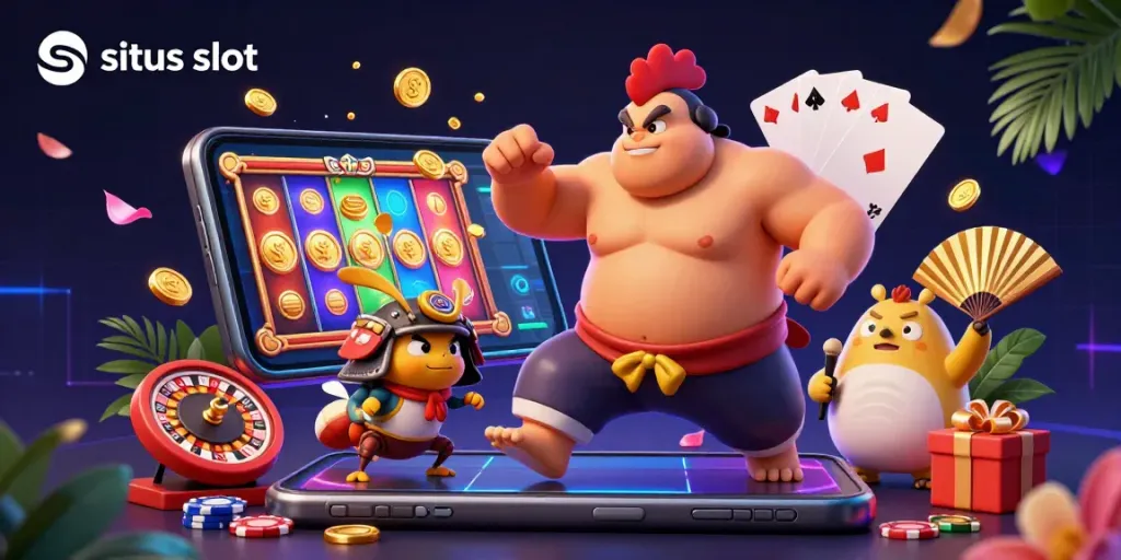 Menangkan pengalaman situs slot dengan ilustrasi sumo, jangkrik, dan tanuki yang penuh aksi.