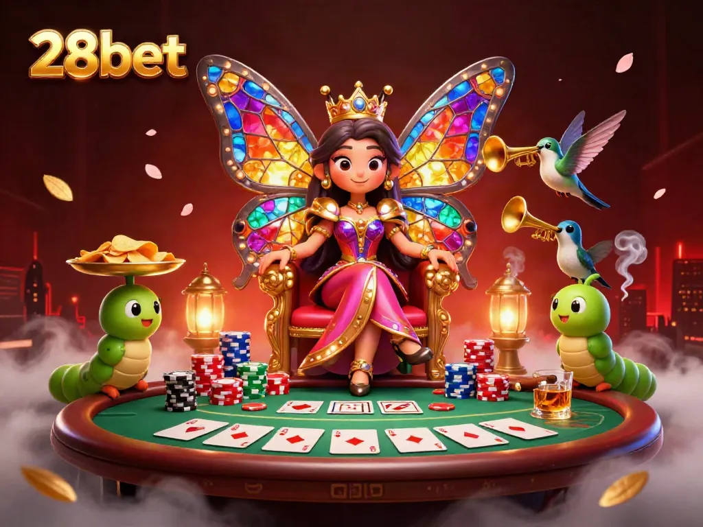 Experience vibrant gaming action with 28bet as a butterfly queen presides over a rich casino scene.