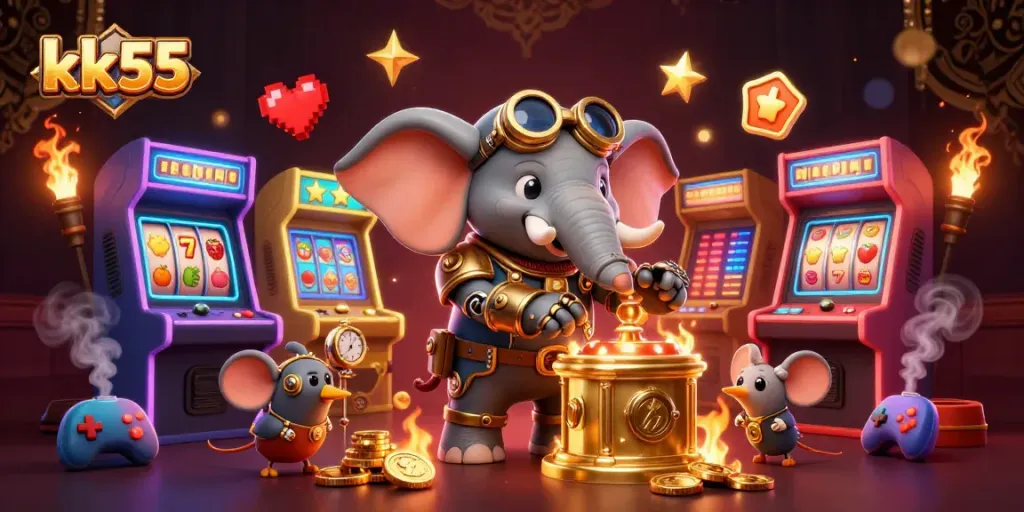 Engage in thrilling gaming adventures at kk55 with a steampunk elephant operating a slot machine.