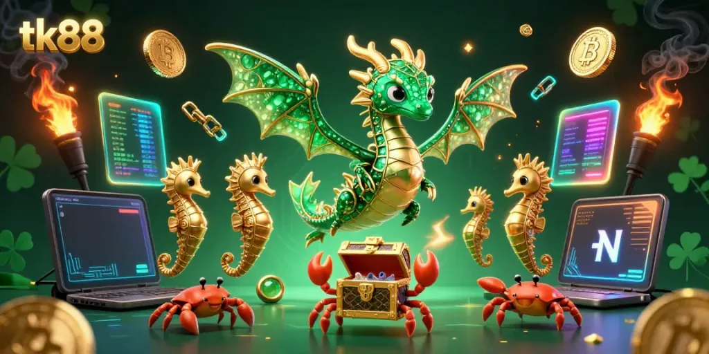 Experience thrilling gaming with tk88 as the emerald sea dragon guards treasures amidst digital riches.