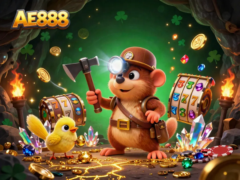 A treasure hunter mole in a cave surrounded by AE888 slot games, lucky symbols, and gold coins, capturing the online casino experience.
