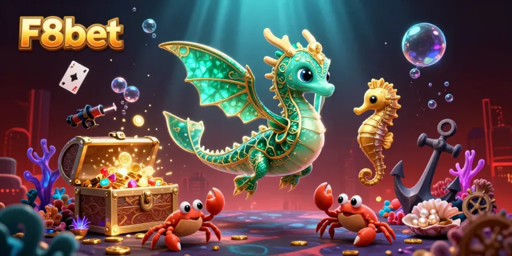 Join F8bet's thrilling underwater adventure filled with emerald treasures and vibrant casino elements.