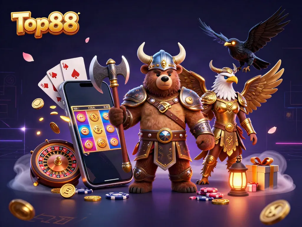Engage with Top88's dynamic gaming scene featuring vibrant characters and action-packed elements.