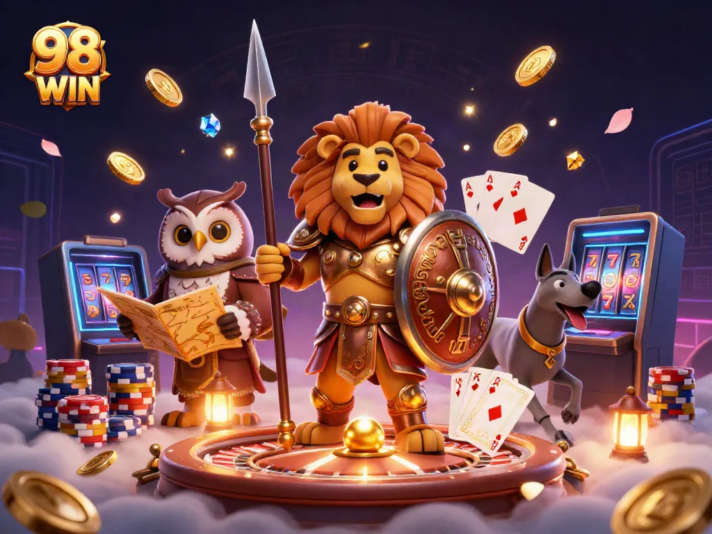 Engage in the thrilling world of 98 WIN with vivid casino action and dynamic characters.