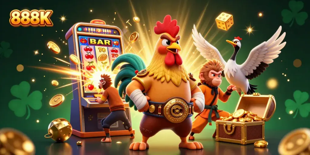 Experience the excitement of 888K with a dynamic illustration featuring a Muay Thai rooster, Shaolin monkey, and crane master amidst a jackpot scene.