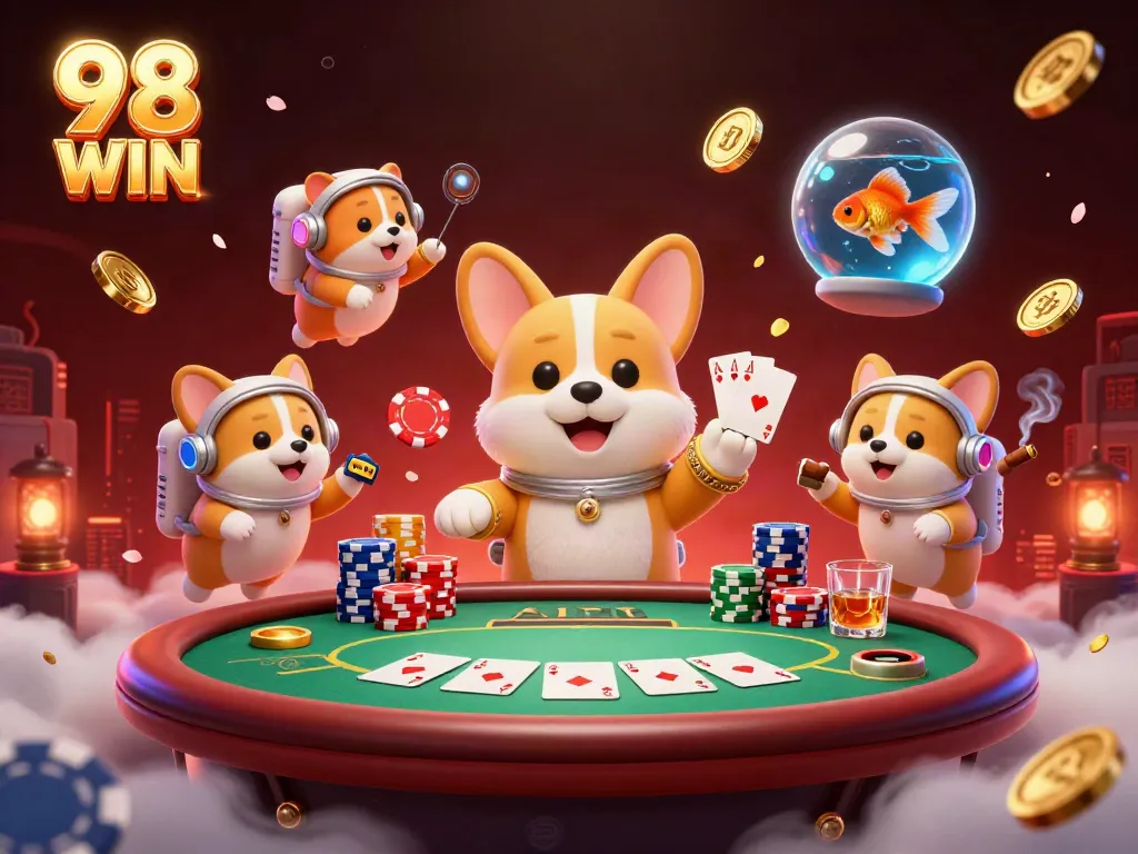 Engage in thrilling gameplay at 98 WIN with vibrant drifting poker chips and a dynamic casino atmosphere.