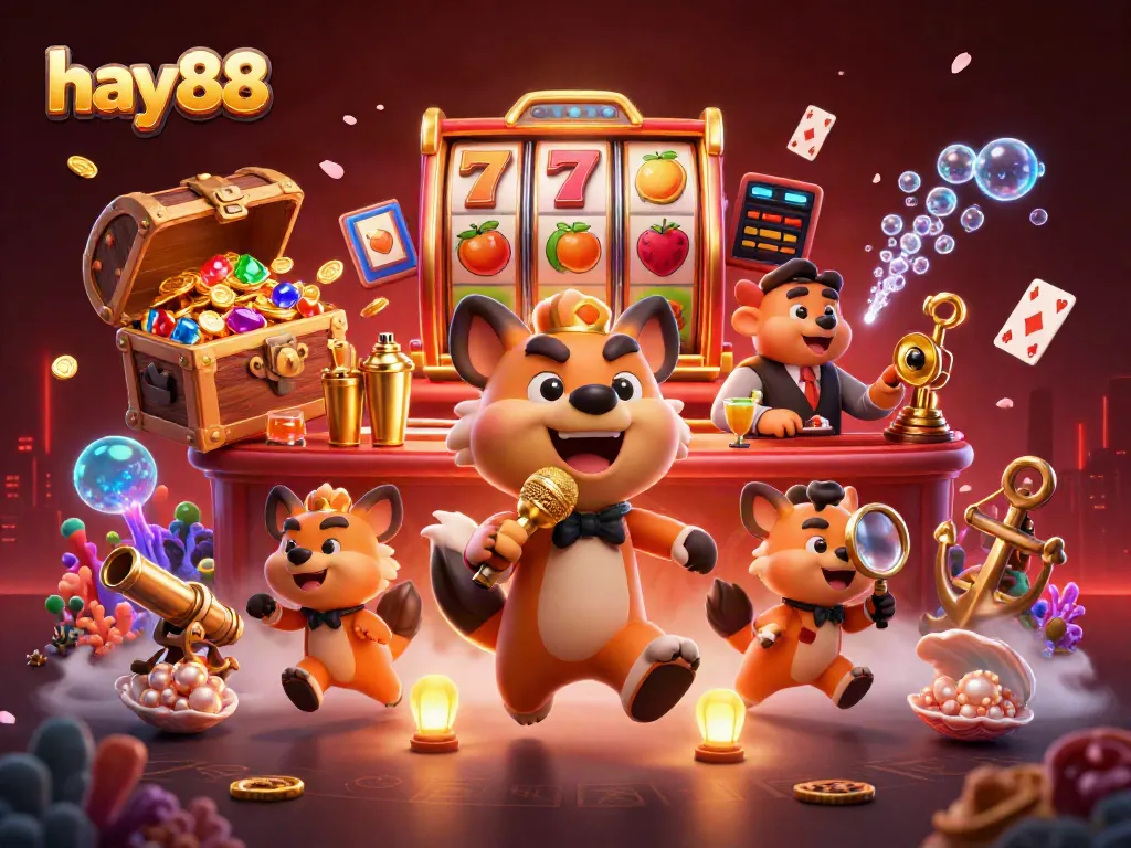 Enjoy vibrant gaming at hay88 with lively hyena characters in a casino scene.