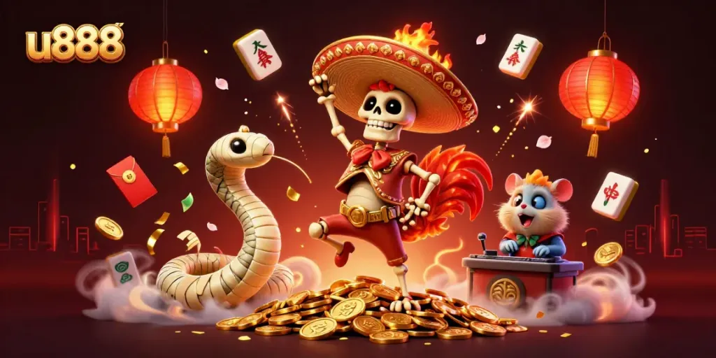 Experience the vibrant u888 casino world with dancing characters amid gold coins and festive symbols.