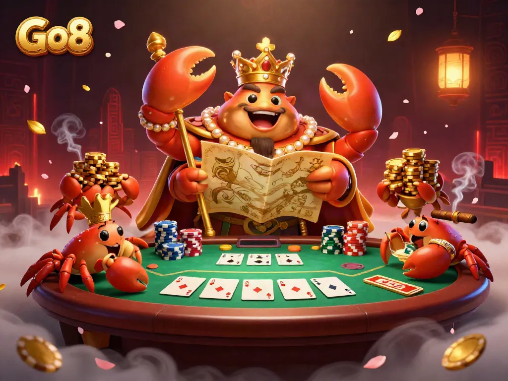 Engage with Go8's vibrant casino atmosphere featuring a golden crab emperor amidst a lively poker scene.