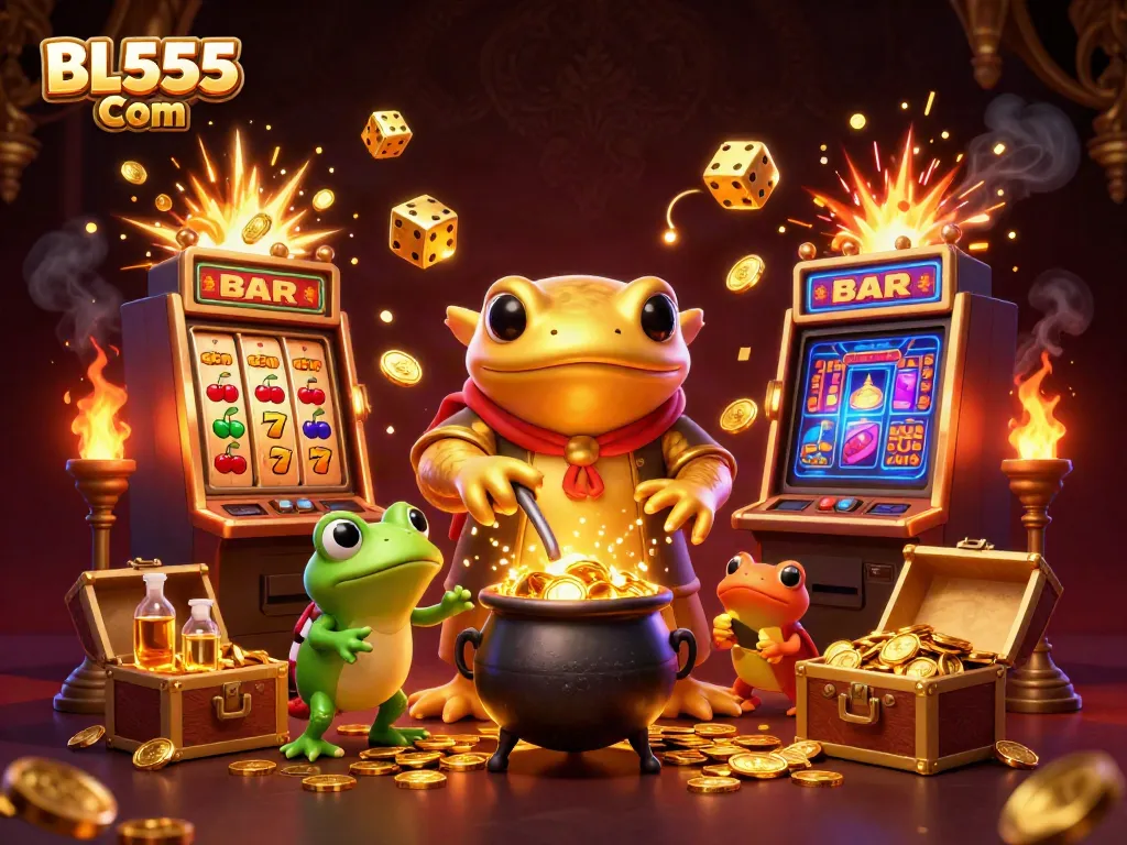 Experience the thrill of winning at BL555 Com with a vibrant, dynamic casino scene featuring gold coins and jackpots.