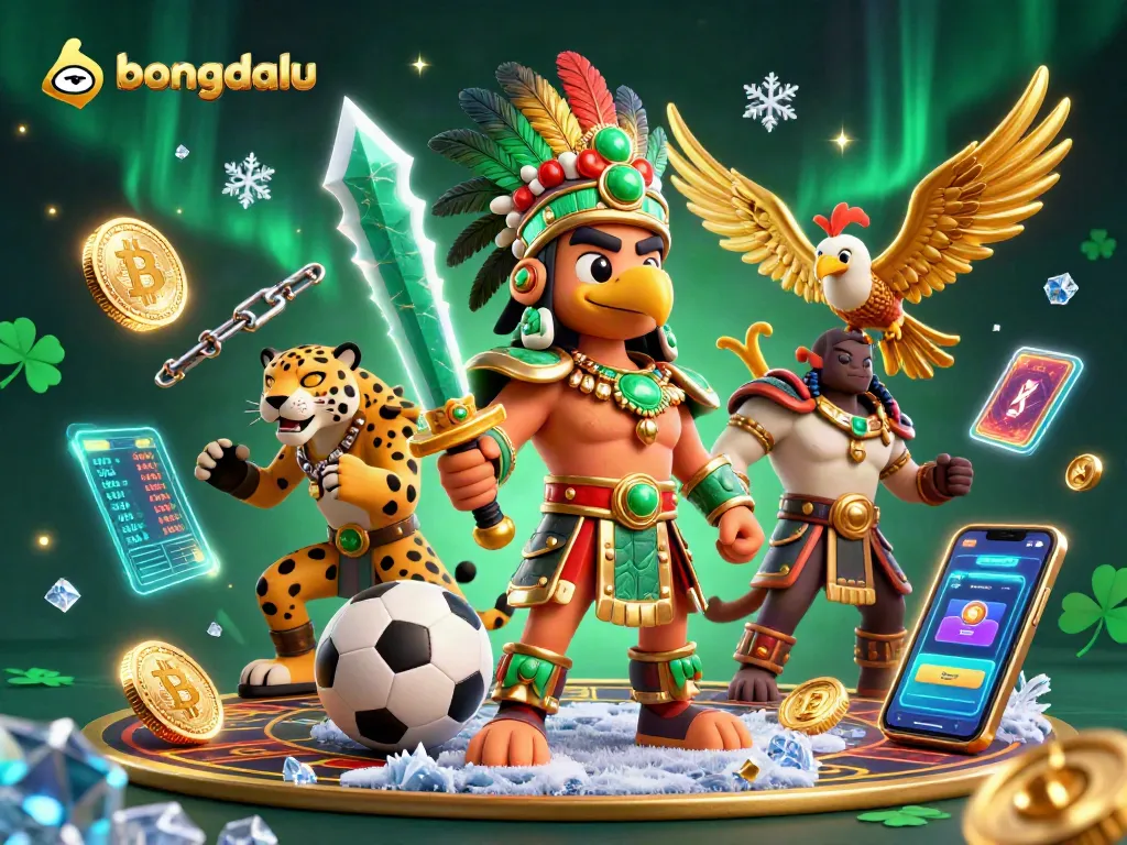 Bongdalu sports betting scene featuring an Aztec eagle warrior and a jaguar, dynamically surrounded by footballs and betting slips.