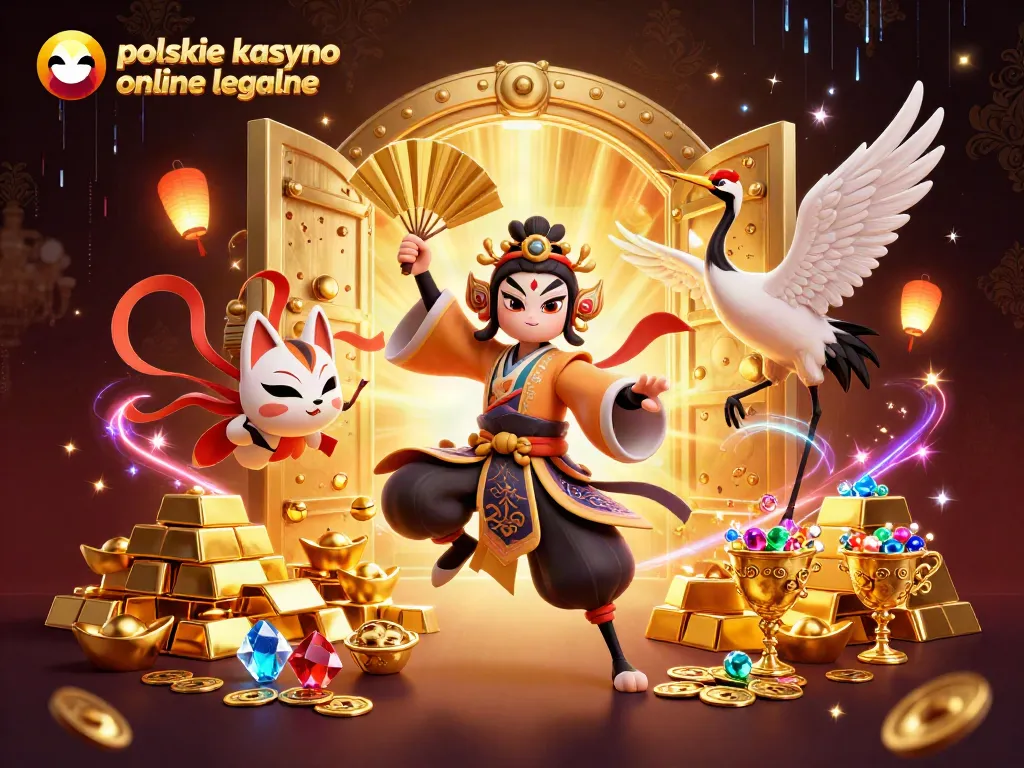 Experience the excitement of polskie kasyno online legalne in this vibrant 3D illustration, showcasing a kabuki warrior and a kitsune.