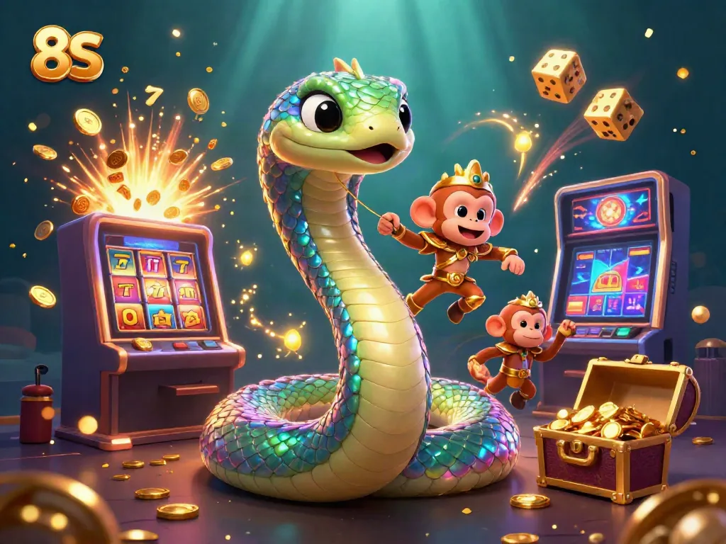 Celebrate big wins with 8S in this lively casino scene featuring vibrant game elements and characters.
