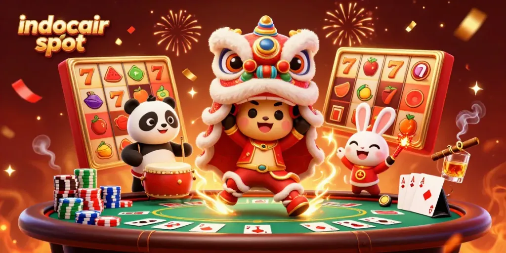 Indocair slot bergaya dengan karakter menari, dikelilingi simbol slot dan poker yang meriah.
