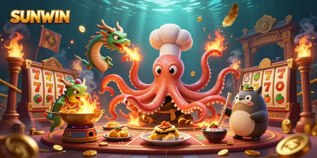 SUNWIN engagingly showcases a dynamic casino scene with a sushi chef octopus, dragon, and tanuki amidst gold coins and slot reels.