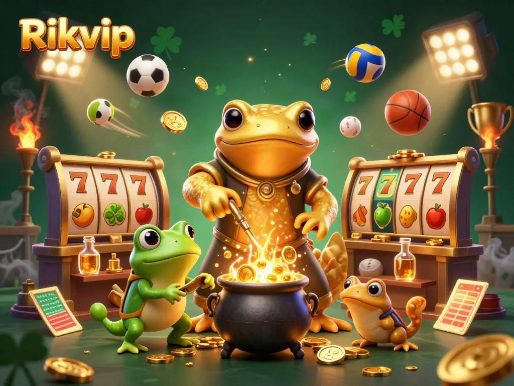 Experience the excitement of Rikvip with a vibrant casino scene filled with gold coins and sports elements.