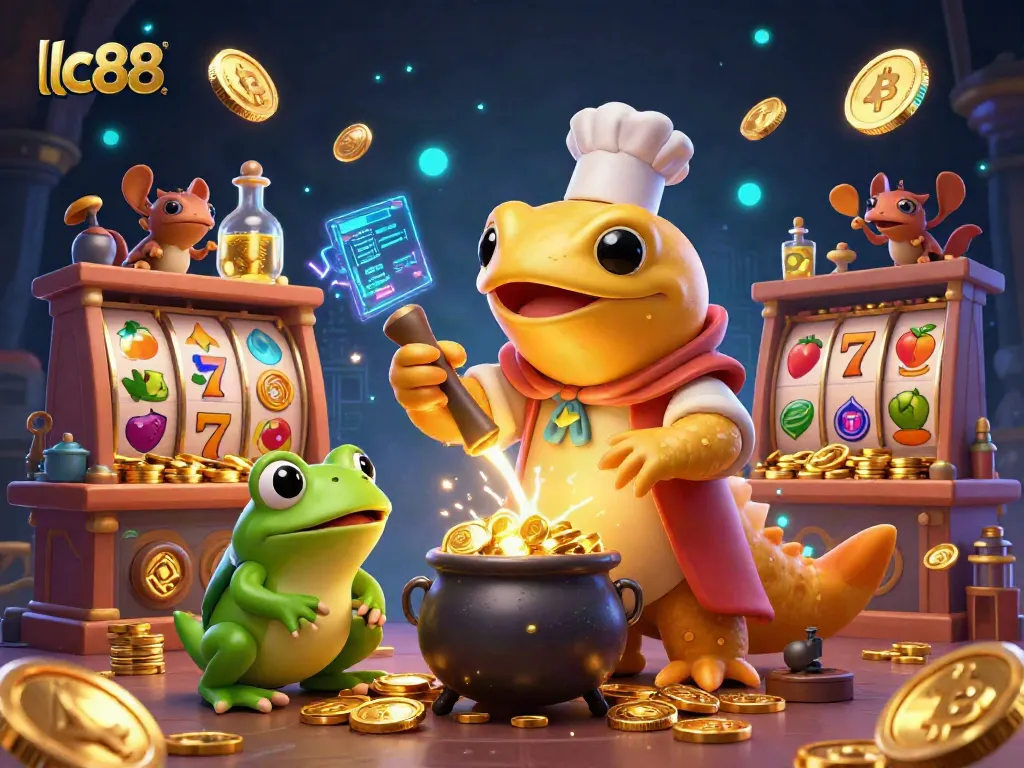 Experience gaming thrills with lc88, featuring golden alchemist creating wealth in a vibrant casino.