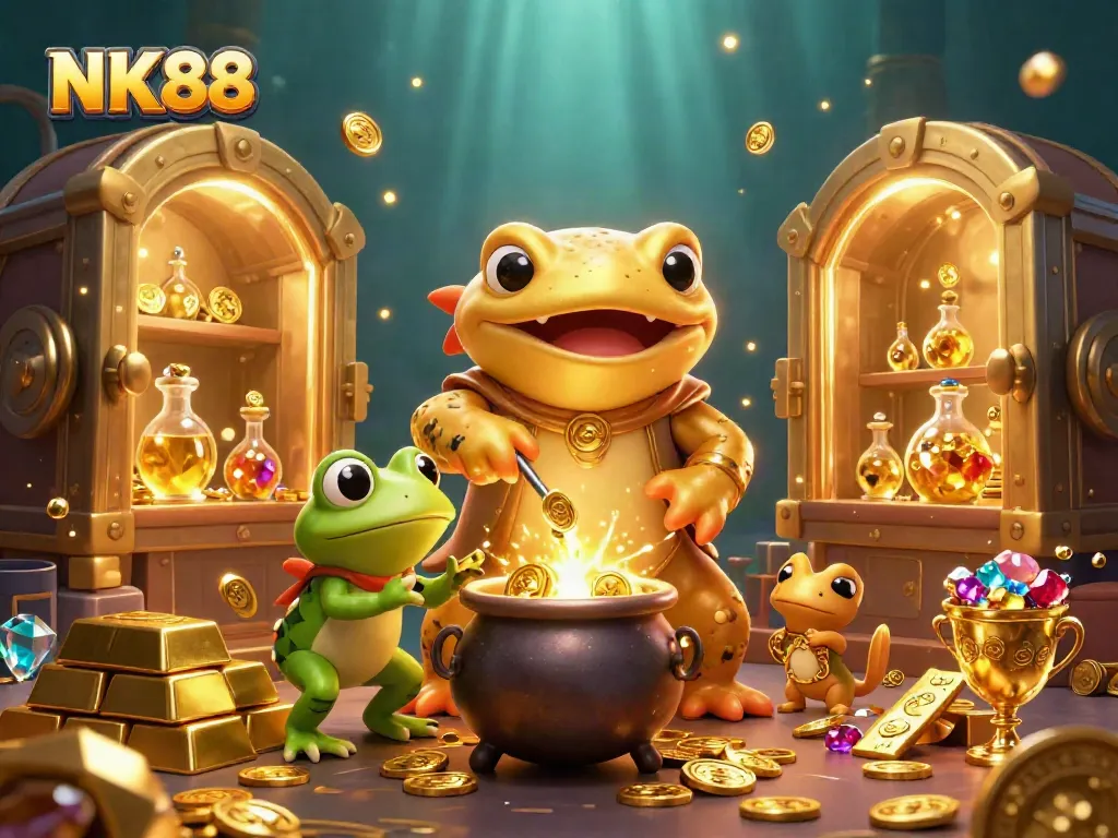 Experience exciting wins with NK88 featuring a golden salamander alchemist in a vibrant casino scene.