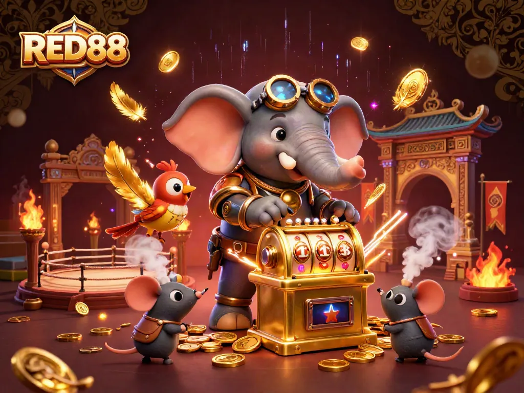 Experience the electrifying thrill of RED88 as you spin golden slot machines in a dynamic casino scene.