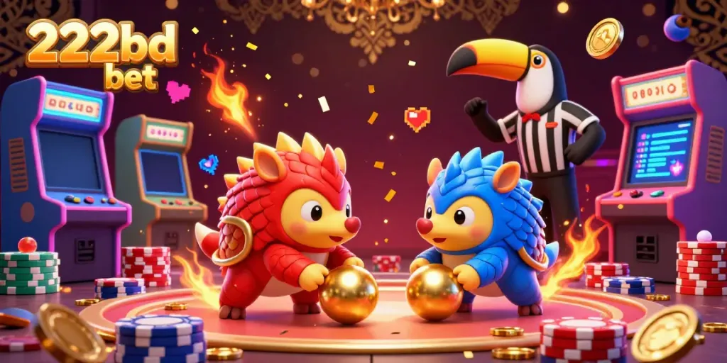 Engage with the 222bd bet pangolins rolling golden balls into poker chips in an animated casino scene.