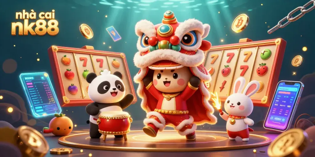 Experience the thrill at nhà cái nk88 with vibrant casino action featuring a lively lion dance.