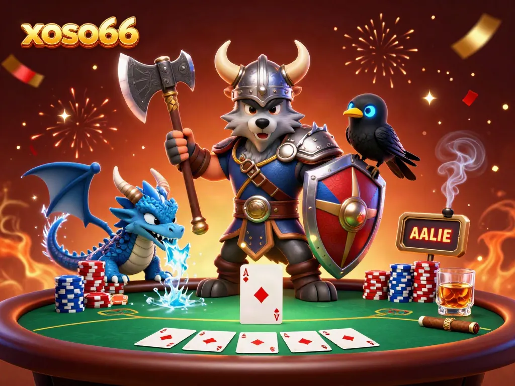 Experience xoso66's thrilling poker adventure with a Viking wolf warrior and mystical dragon!