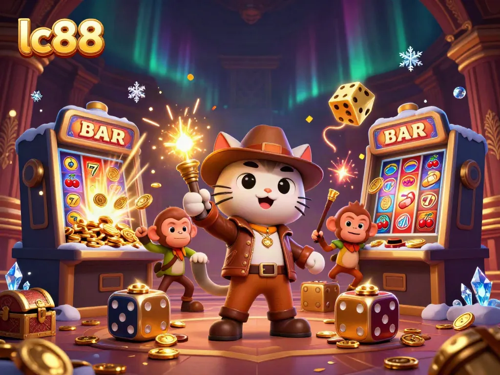 Experience lc88's thrilling casino adventure with an archaeologist cat and a monkey, surrounded by vibrant game elements.