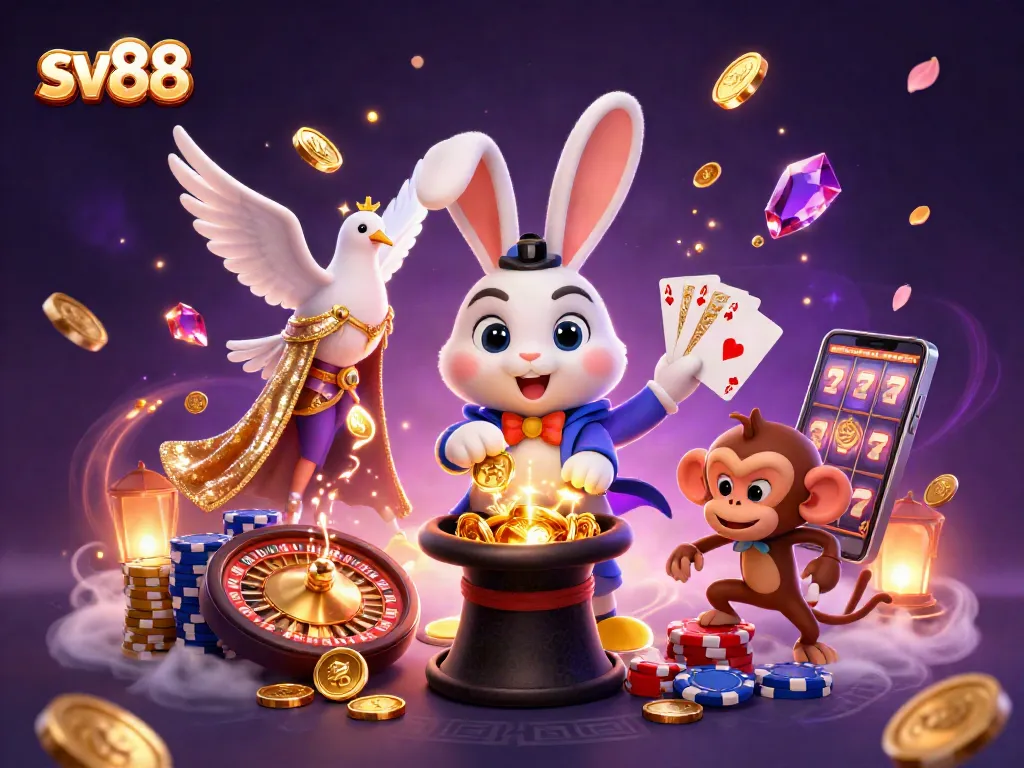 Spin to win at sv88 with a magical rabbit pulling golden coins amidst vibrant casino elements.